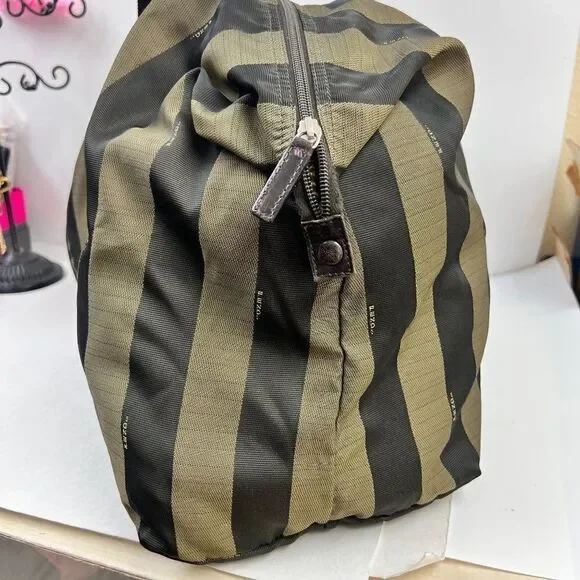 Auth Fendi Logo Weekender Overnight Pequin Stripe Bag Olive Canvas